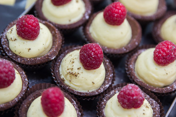 Dessert tarts in pastry shop, closeup