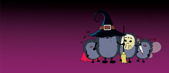 Halloween party crew.Cute hedgehogs dressed for Halloween. Horizontal banner design
