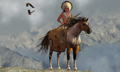 Indian Soaring Eagle -Two Bald Eagles fly near an American Indian with his paint horse on a tall cliff in a mountainous area.  © Catmando