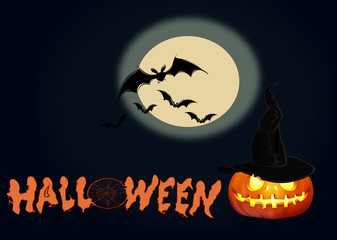 Happy Halloween background scene 
Halloween night, pumpkin and bats with space for text