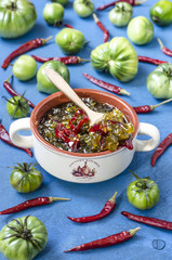 Jam of green tomatoes with chili   