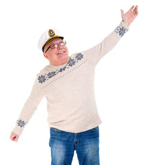 Happy old senior man with a smile and white teeth, raised his ha