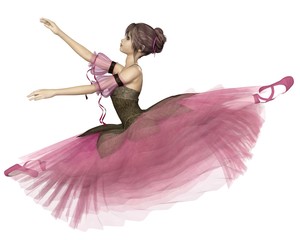 Illustration of a pretty dark-haired young ballerina wearing a long romantic style pink flower tutu leaping through the air in a grand jete, 3d digitally rendered illustration   © Algol