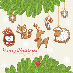 Christmas card with gingerbread cookies. Vector illustration