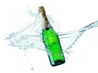 bottle of champagne in water splash isolated on the white backgr