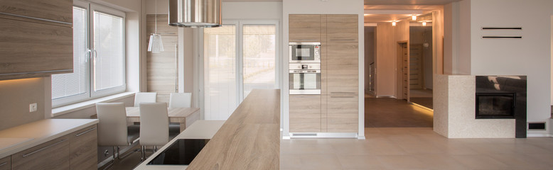 Wooden kitchen area and lounge