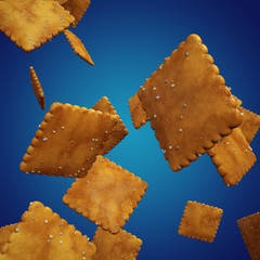 3 D render of salty crackers falling