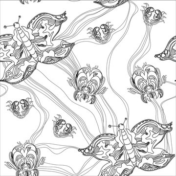 Illustration of graphic seamless pattern of fantastic butterfly 