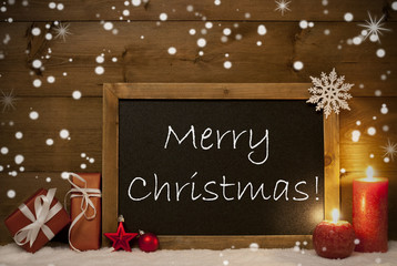 Fototapeta na wymiar Festive Card, Blackboard, Snowflakes, Candles, Merry Christmas