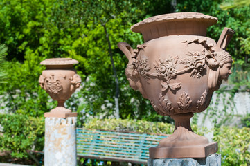 Ceramic vase from Caltagirone and its design used as ornament in the public gardens of the town