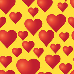 Vector seamless pattern with red hearts on the yellow background. Wedding or Valentine's Day texture. Love template. Romantic backdrop. 