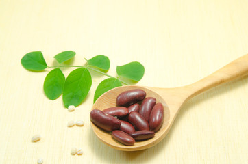 bean on wooden spoon on wood board background