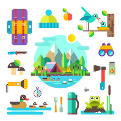 Set of hike elements and icons: backpack, binoculars, knife, compass, axe, torch, tent. Camping objects. Birds, ducks, frog, mushrooms, nest. Landscape: forest, lake, swamp and mountains. Style flat.