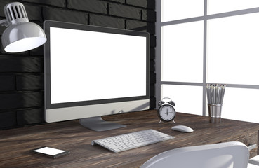 Fototapeta premium 3D illustration PC screen on table in office, Workspace
