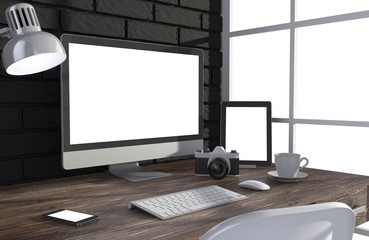 Fototapeta premium 3D illustration PC screen on table in office, Workspace