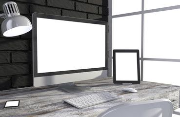 Fototapeta premium 3D illustration PC screen on table in office, Workspace