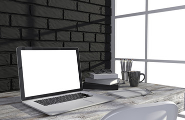 3D illustration PC screen on table in office, Workspace