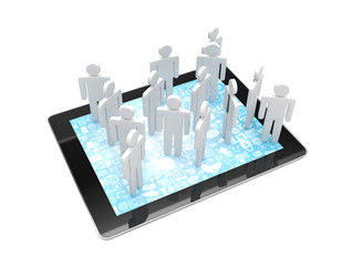group of people figures on tablet PC, 3d render