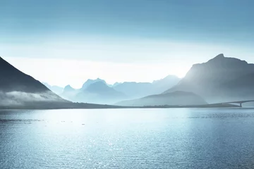 Fotobehang Blauw bergen, Lofoten eilanden, Noorwegen