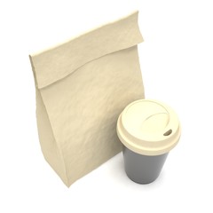 Coffee to go and lunch bag, on white.