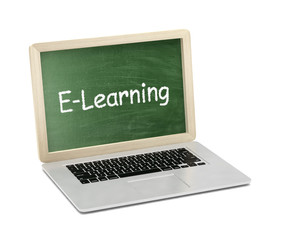  Laptop with chalkboard, e-learning, online education concept