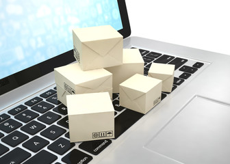 Technology business concept, shipping: cardboard package boxes