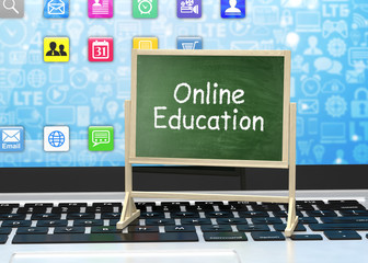  Laptop with chalkboard, online education concept