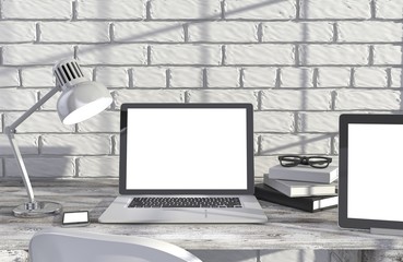 Fototapeta premium 3D illustration laptopand work stuff on table near brick wall