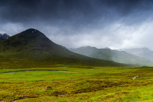 Glencoe mountains and landscape, in cloudy day, Scotland