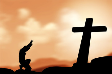 praying man with black cross silhouette in rocks over a  sky