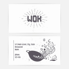 Business card set with wok noodles. Hand drawn logo template and sunburst. Monochrome hipster style lettering - 92485934