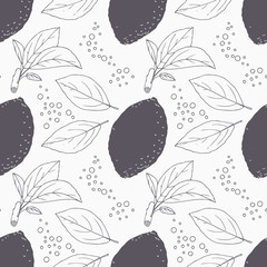 Stylized seamless pattern with hand drawn lemon, leaves and bubbles - 92485951