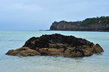 Fototapeta na wymiar Coast of various shapes with beaches cliffs and rocky areas around Matapouri in New Zealand.