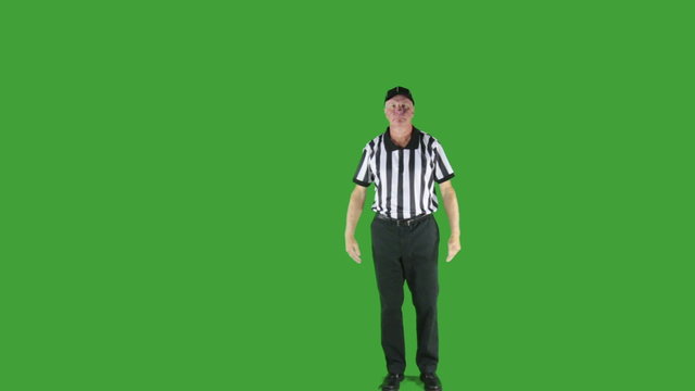 Man dressed as a football official signaling Loss of Down.
