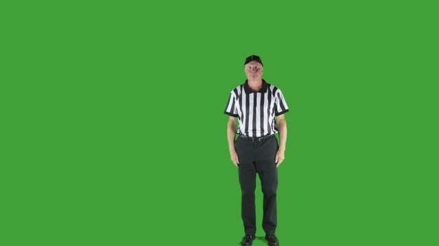 Man dressed as a football official signaling Offsides.