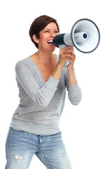 Happy woman talking in megaphone.