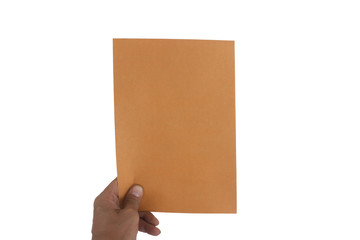 Brown paper envelopes in hand man. The blank white screen.