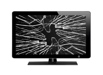 Modern TV with broken screen isolated on white background - obrazy, fototapety, plakaty