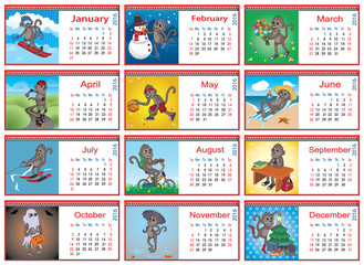 Set of horizontal calendars for each month in 2016. Active monke