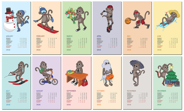 set of monthly calendars for 2016