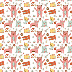 Stunning seamless pattern with bear,fish,ball,flowers and leafs