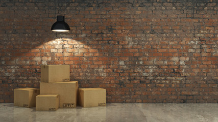 New home concept. Boxes in empty room 3D - obrazy, fototapety, plakaty