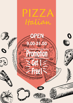 pizza Italian with raw material food design menu brochure advertise drawing style template , vintage color background vector illustration