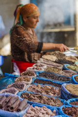 Beautiful vivid oriental market with bags full of various spices