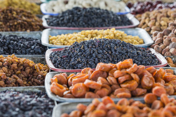 Dry fruits and spices like cashews, raisins, cloves, anise, etc.