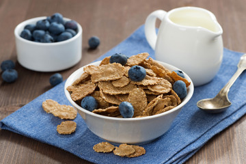 wholegrain flakes with blueberries and jug of milk
