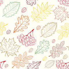 Autumn seamless pattern. Hand drawing vector background with leafs. For graphic design, textile and web.