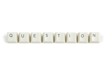 questions from scattered keyboard keys on white