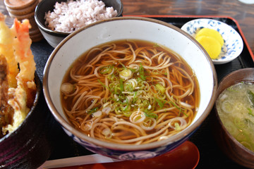 Traditional hot soba with rice and tempura, Hokkaido, Japan