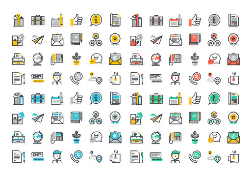 Flat line colorful icons collection of business essentials object, office tools, professional solution item, company information and services, communication and support.